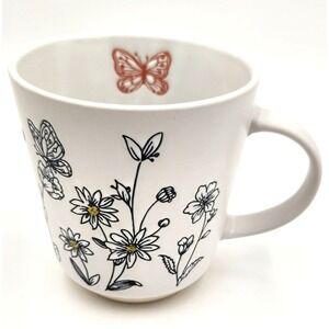 BLACK LINE ART OF DAISIES AND BUTTERFLIES MUG 14oz - EMBOSSED PATTERN AND FEEL